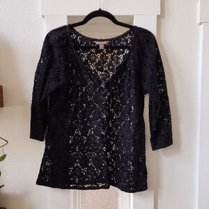 Tommy Bahama Woman's Black Lace Pullover Top, Size Large, V- Neck w/ Tie String